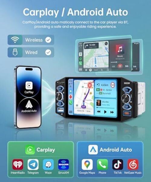 5 Inch Single Din Car Stereo MP5 Multimedia Player with Wireless Carplay