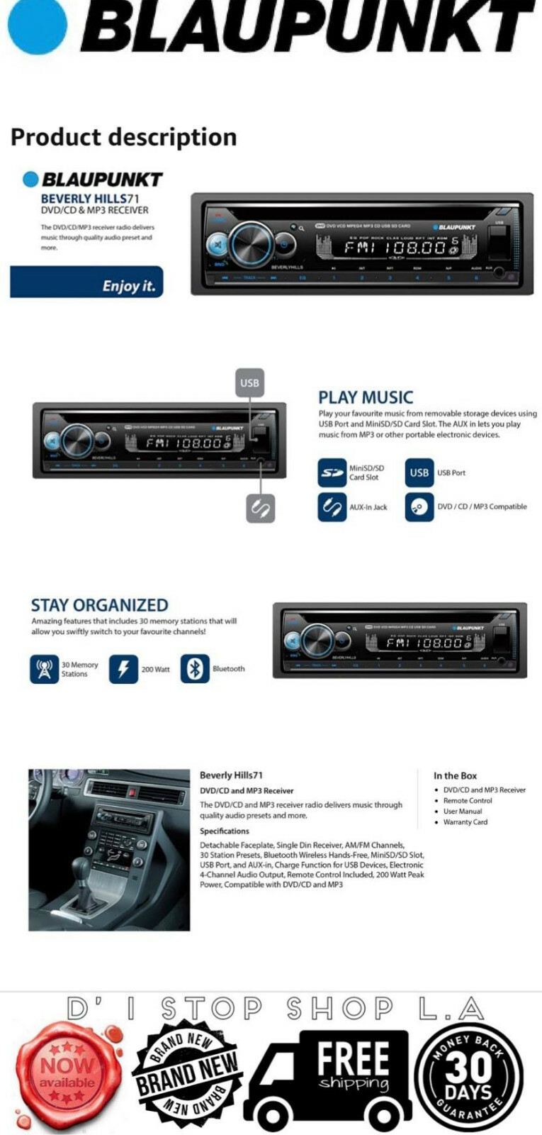 BLAUPUNKT BEVERLYHILLS71 Single DIN DVD & CD Car Stereo With Built IN Bluetooth