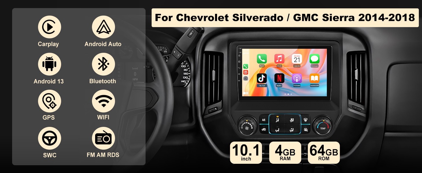 10.1″ 8Core 4+64G Android Auto Carplay for 2014-2018 Chevy Silverado GMC Sierra