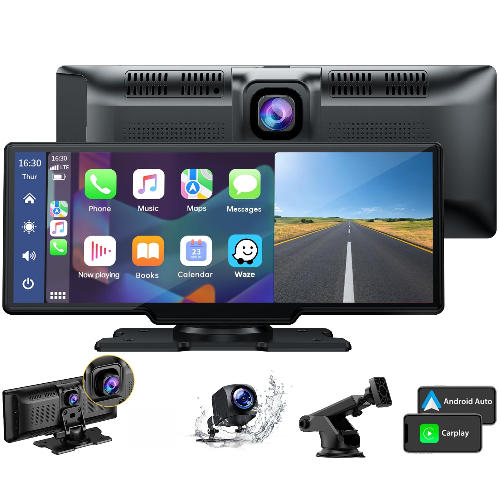 LAMTTO 9.26″ Wireless Carplay and Android Auto with 2.5K Dash Cam, 1080P Back…