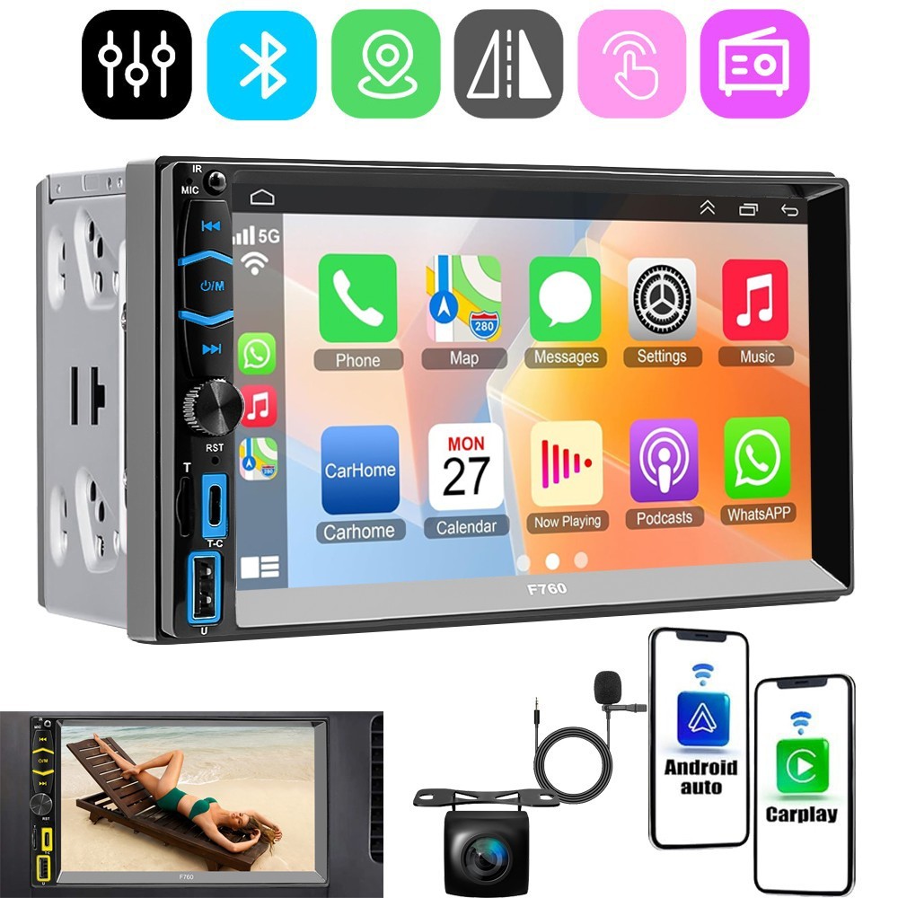 Double Din Car Stereo Radio 7in MP5 Touch Screen For Apple Carplay Android Auto