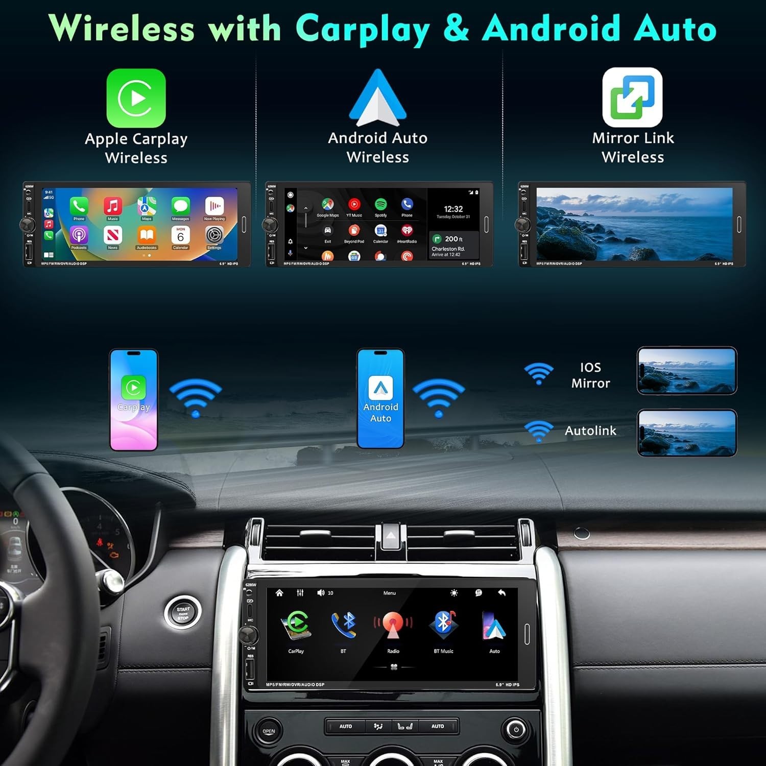 High-Performance 6.9″ Car Stereo with Bluetooth 5.0 & Night Vision Backup Cam
