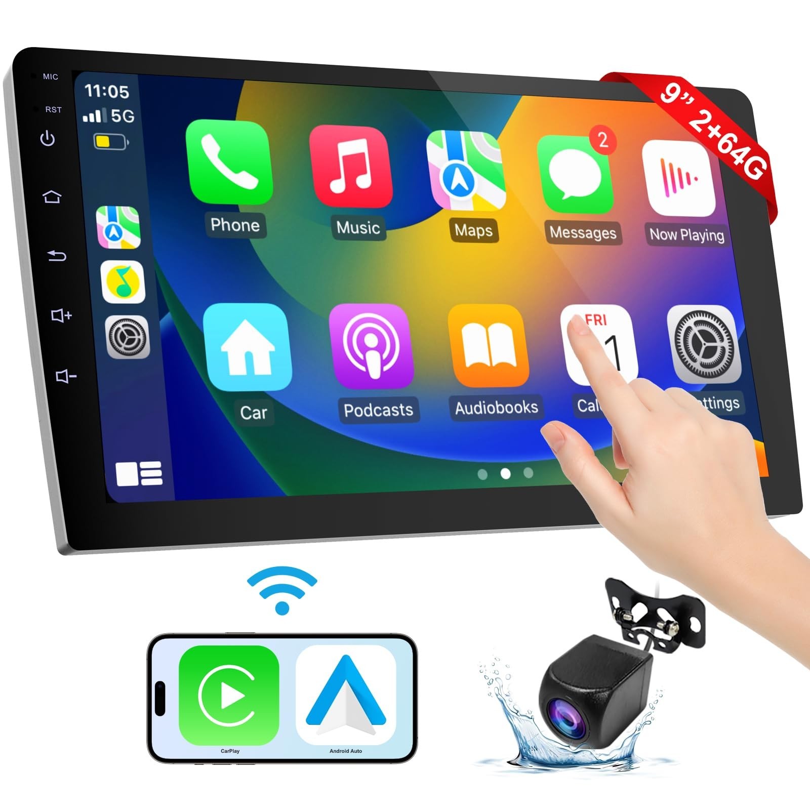 9″ Wireless CarPlay & Android Auto Double Din Car Stereo, GPS, Backup Camera, Mu