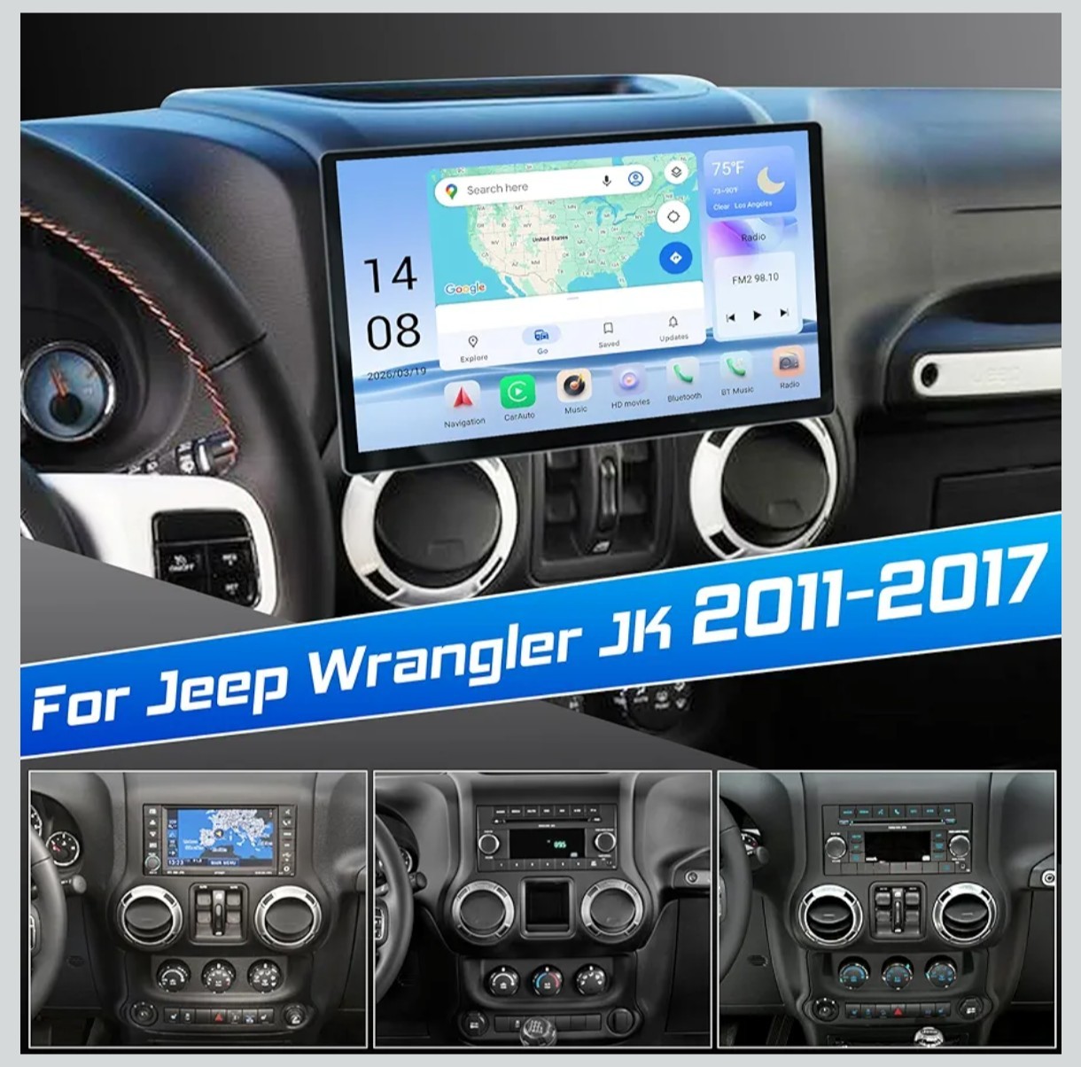 Cidava 13″ Android 13 8+128GB for Jeep Wrangler JK 2011-2017, 5G Wifi, 4K QLED