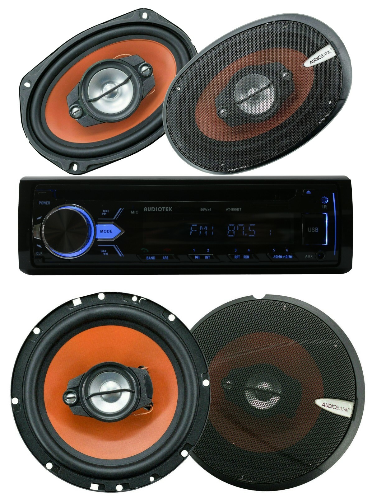 Audiotek CD Stereo Bluetooth FM Receiver +4x 6.5″ + 6×9″ Coaxial Car Speakers