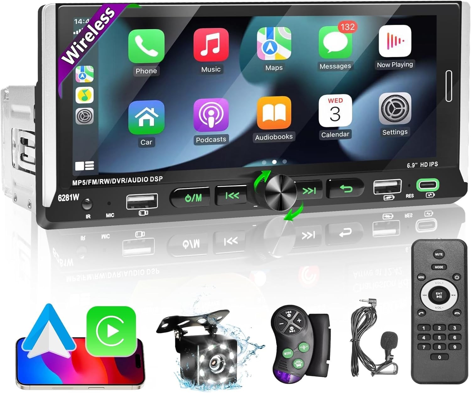 Wireless CarPlay and Android Auto Car Stereo with Night Vision Backup Camera