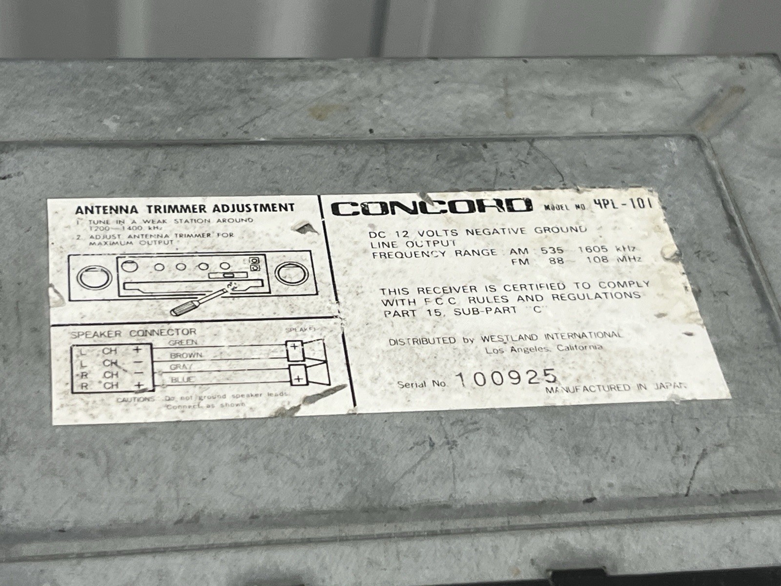 Concord HPL-101 Concord Original Car Radio Cassette Player