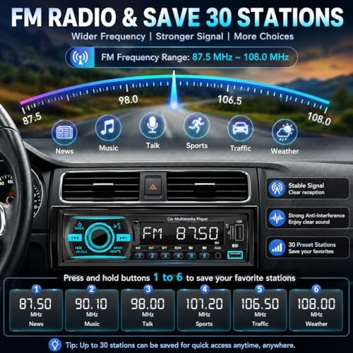 Car Stereo Bluetooth Single Din Radio, Car Audio with Push to Talk BLACK