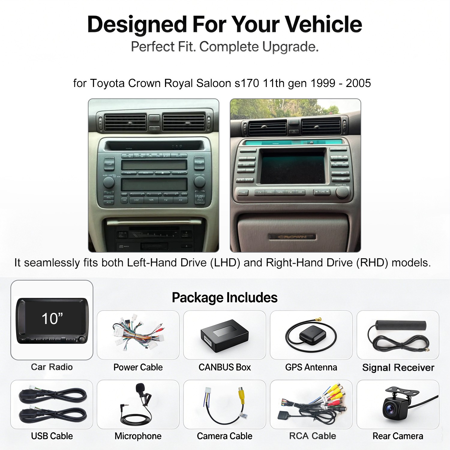 8 Core 6+64G 10″ Car Radio for Toyota Crown Royal Saloon s170 11th gen 1998-2005