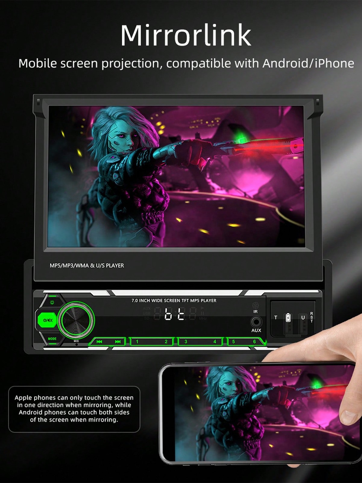 7″ HD Touch Single DIN Car MP5 Player CarPlay Android Auto FM USB AUX SD ISO