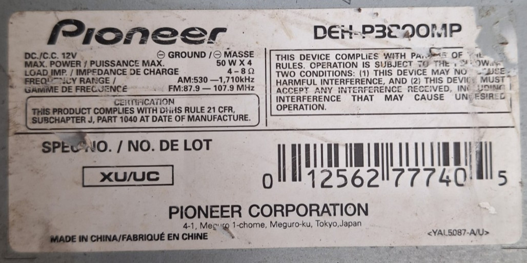 Pioneer Radio DEH-P3800MP