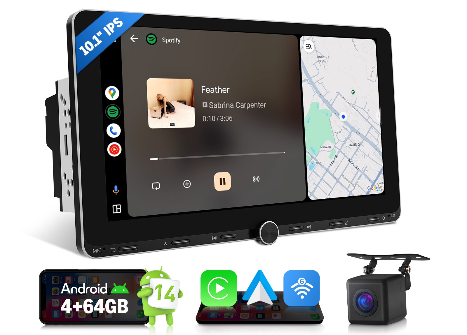 GPS Navi Android 14 10.1″ IPS Double DIN Car Radio HeadUnit Wireless CarPlay DSP