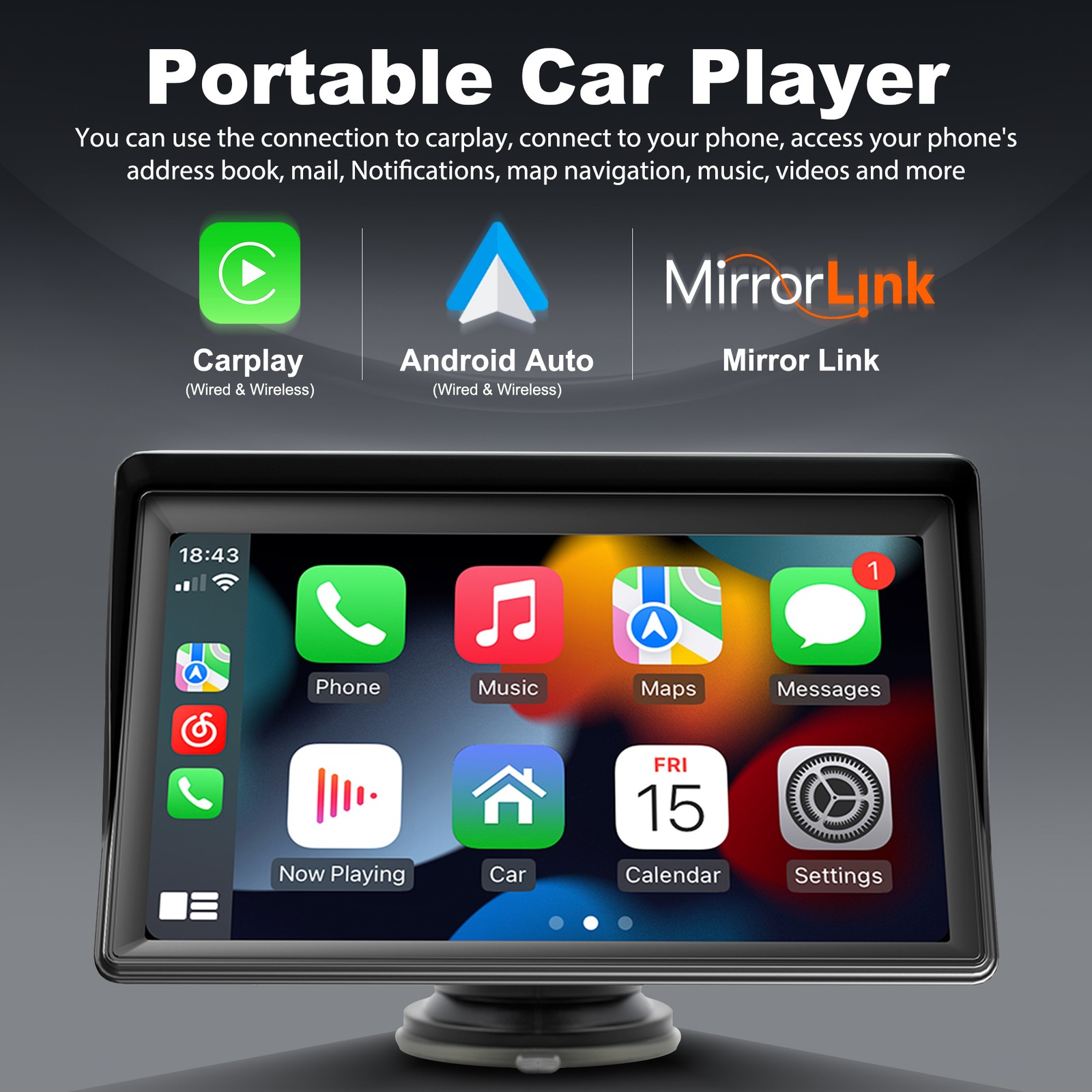 7” Portable Wireless Apple CarPlay Android Auto Touch Screen Car Radio Stereo