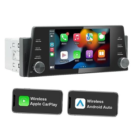 Single Din Touchscreen Radio Wireless/Wired CarPlay & Android Auto, HD IPS 5″