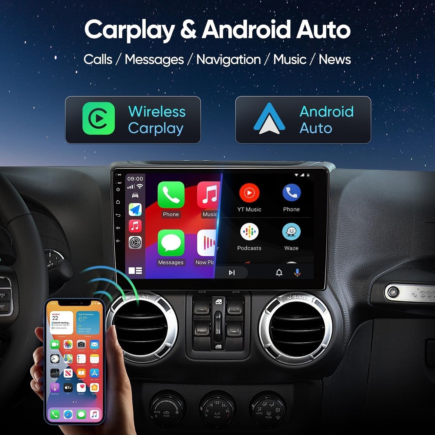 Android 13 GPS Carplay Car Stereo Radio For Jeep Wrangler Chrysler Dodge Ram+CAM
