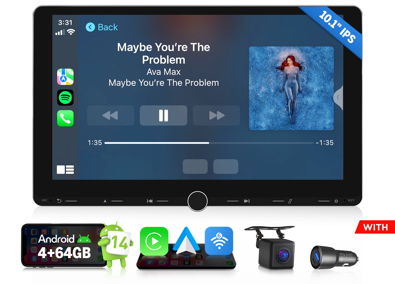 Eonon UX7A Plus 10.1″ 2DIN Car Stereo Wireless CarPlay GPS Navigation Radio 4+64