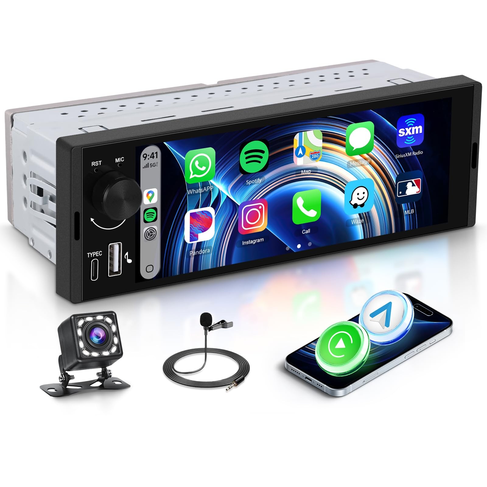 Single Din Car Stereo with 6.36 Inch Touch Screen, Wireless CarPlay & Android…