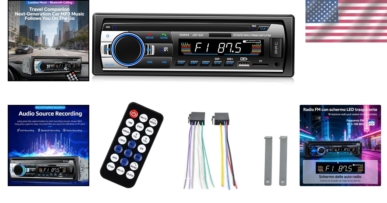 Hands-Free Bluetooth Car Stereo with Quick Charge USB and Dynamic Sound Effects