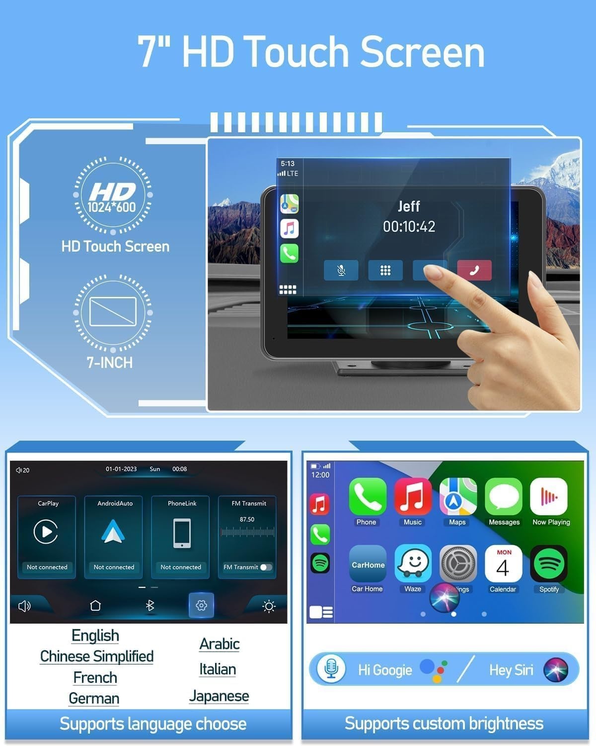 Seamless 7” Wireless Car Screen – CarPlay, Android Auto & Backup Assistance
