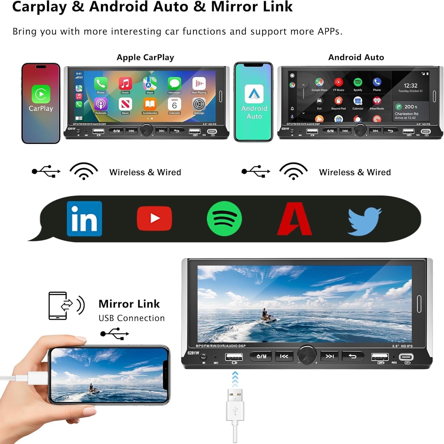 Wireless CarPlay and Android Auto Car Stereo with Night Vision Backup Camera