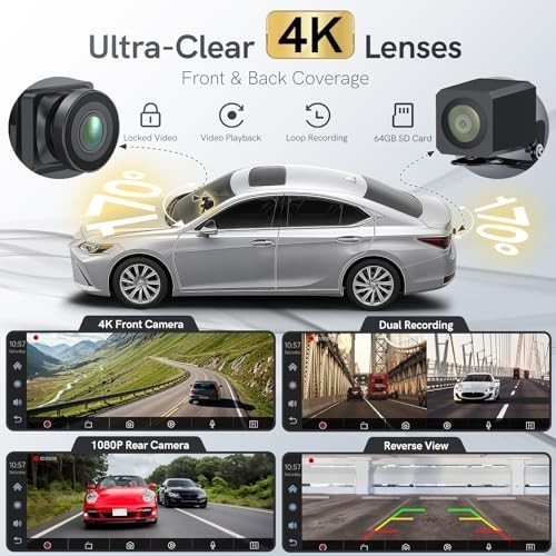 11.26 Inch Portable CarPlay Screen, 4K Dash Cam, 1080P Backup Camera, Bluetooth