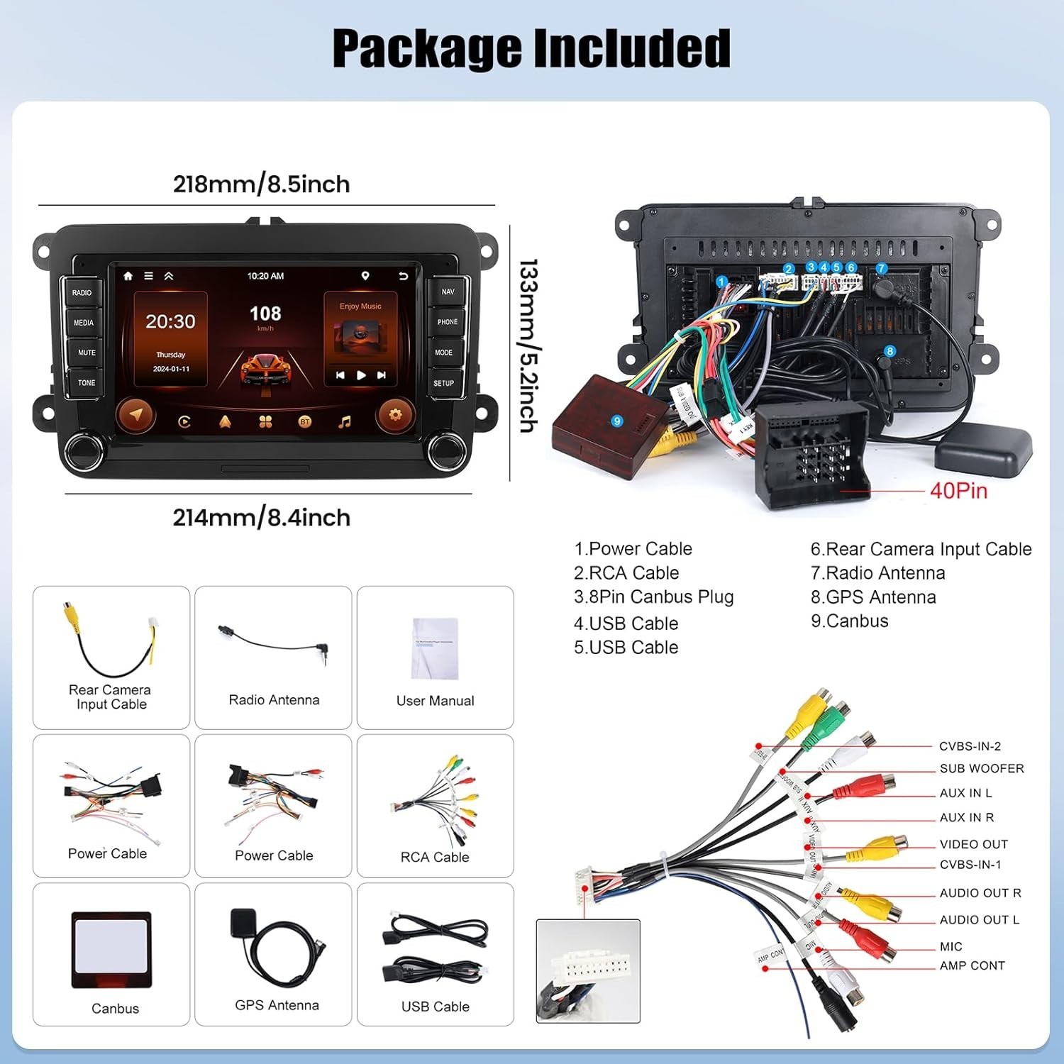 VW Passat Jetta Golf 7 Inch Car Stereo with GPS, Bluetooth & Hands-Free Calling