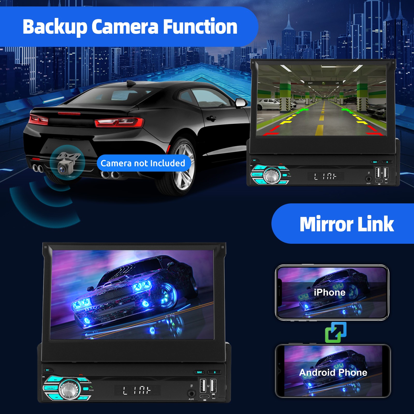 7″ 4+64G Single Din Car Stereo Flip Out Touch Screen FM Mirror Link BT Music USB