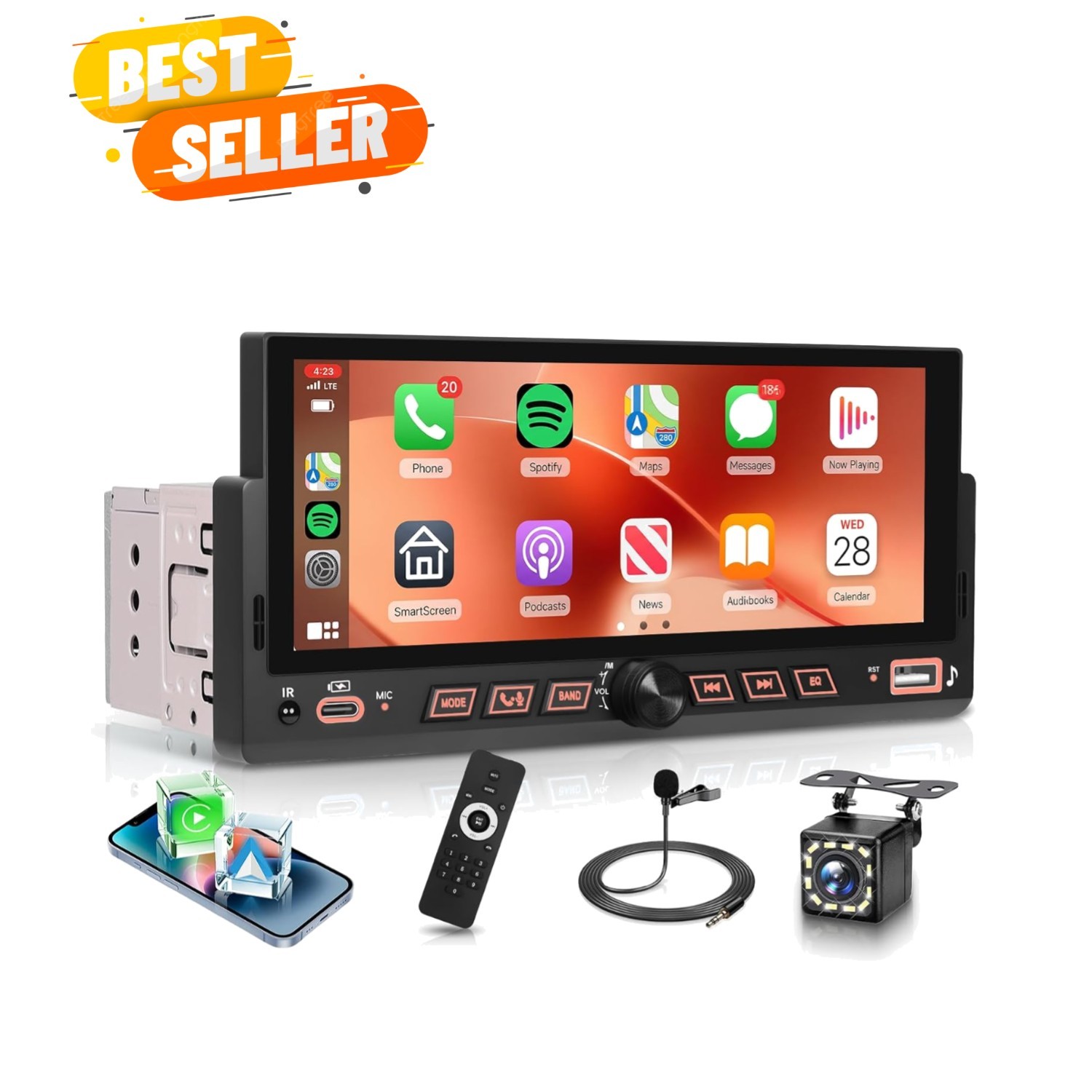 Single Din Car Stereo Wirelsss Carplay Android Auto, 1 Din Head Unit Bluetoot…
