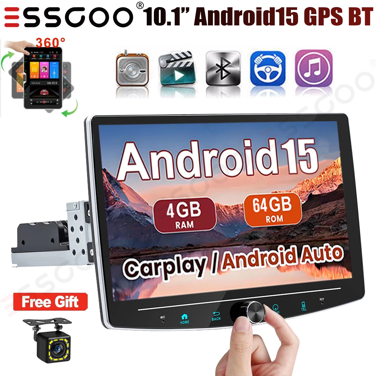 10.1” Android 15 Single 1Din Carplay Rotatable 4+64GB Car Stereo Radio WiFi+CAM