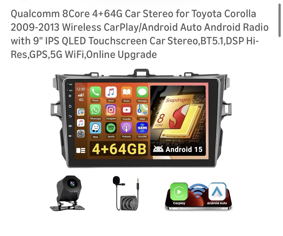 ====Hikity Qualcomm 8Core 4+64G 9″ IPS QLED Touchscreen Toyota Corolla 2009-2013