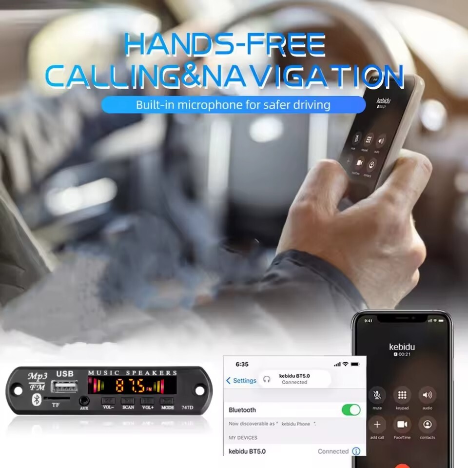 Car Audio Player – Bluetooth 5.0, FM, USB/MicroSD (MP3, WMA, WAV, FLAC), AUX