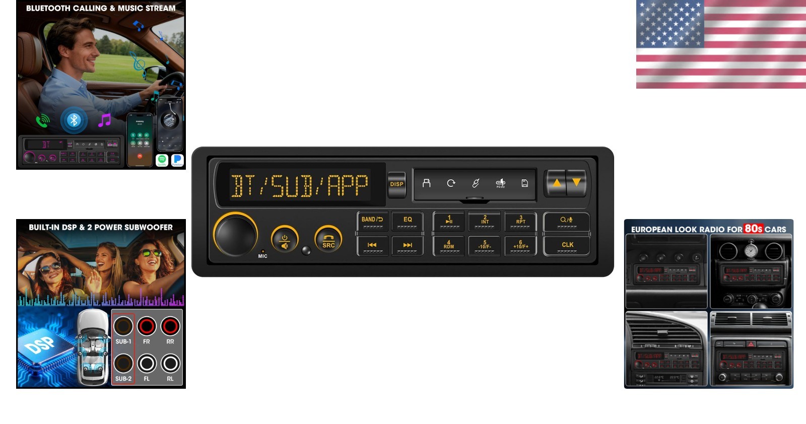 Car Stereo Receiver 80s Retro Single Din Bluetooth AM FM USB SD Type-C Car Radio