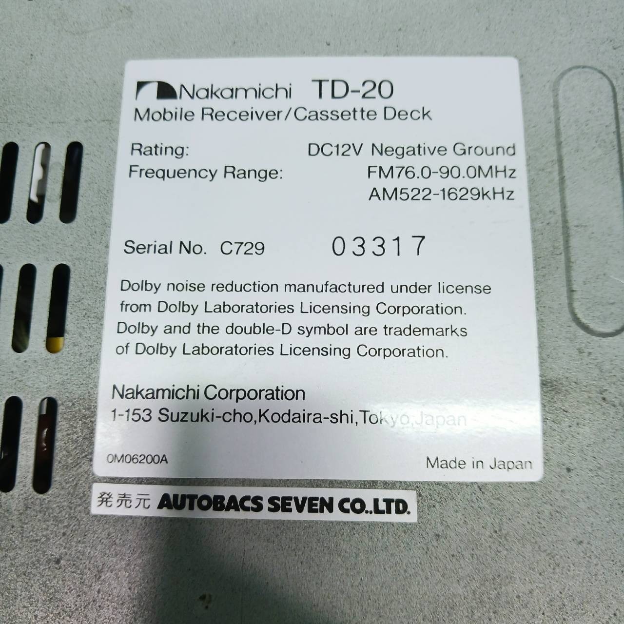 Nakamichi Mobile Receiver Cassette Deck TD-20 Car Audio Tested From Japan BC041