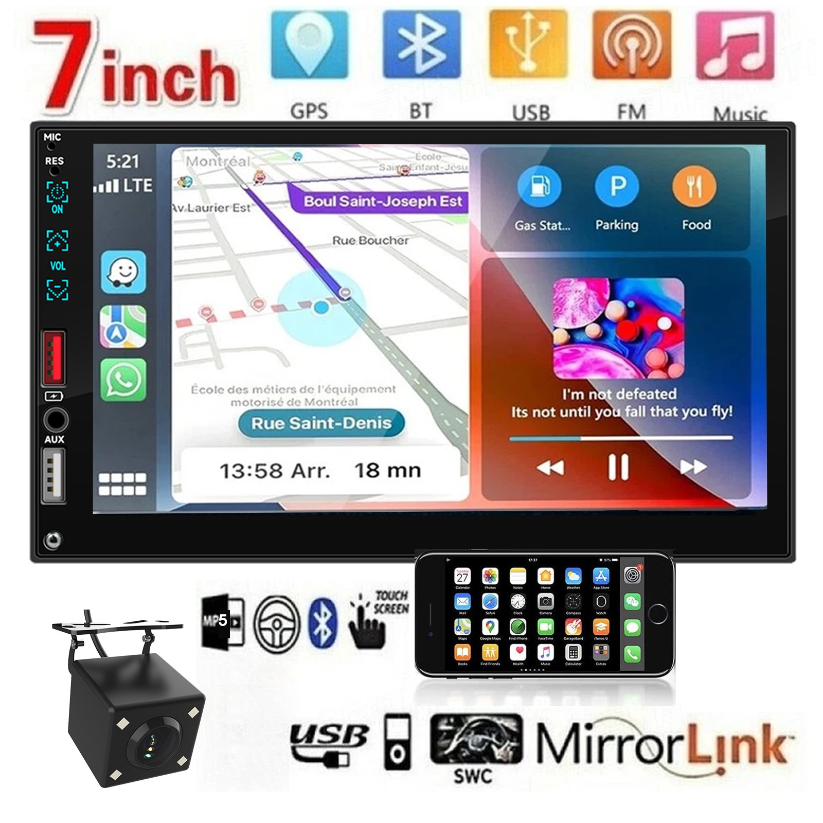 7 ” Single Din Car Stereo Android/Apple Carplay Radio Touch Screen Player+Camera