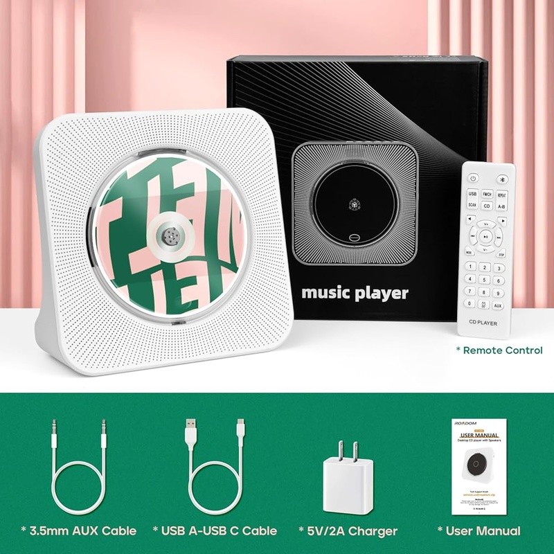 8-in-1 CD Player Bluetooth Transmitter Receiver FM Radio USB AUX Speaker