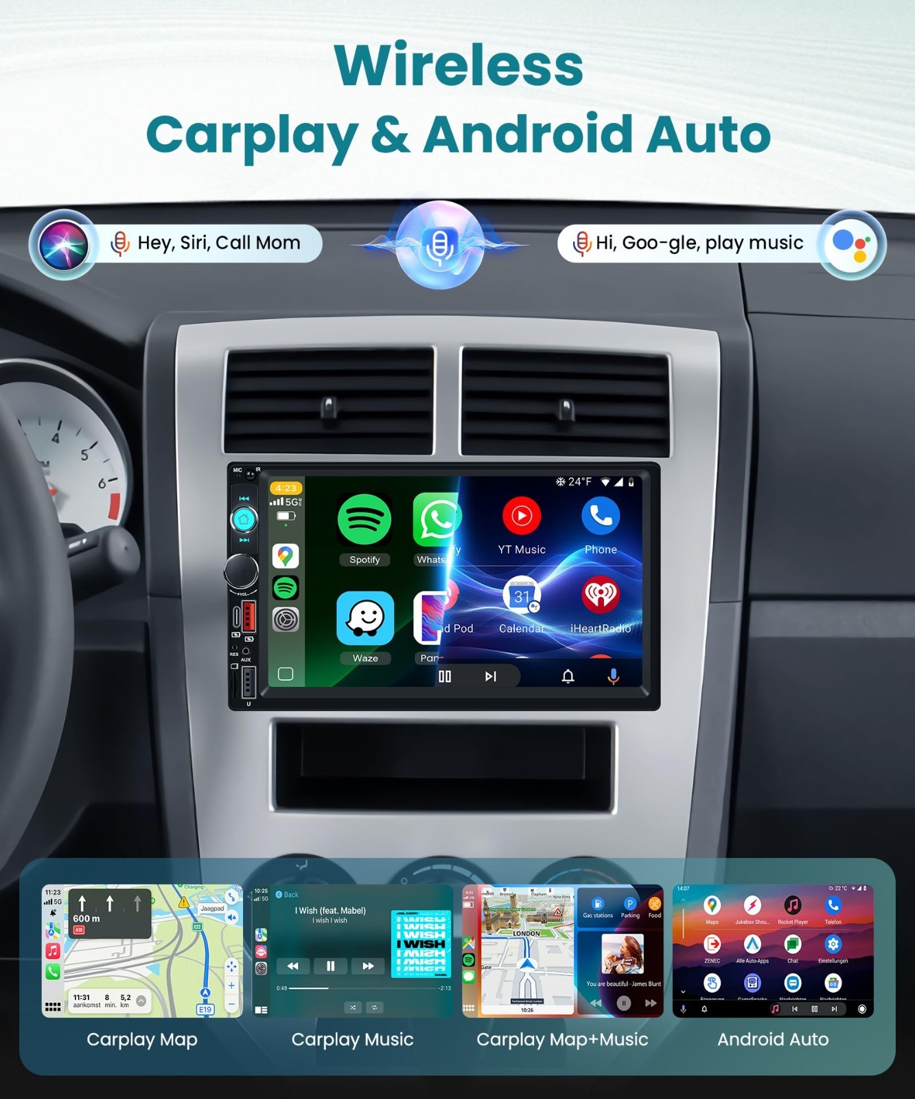 7″ Double Din Car Stereo, Wireless CarPlay/Android Auto, Bluetooth 5.2, FM Radio