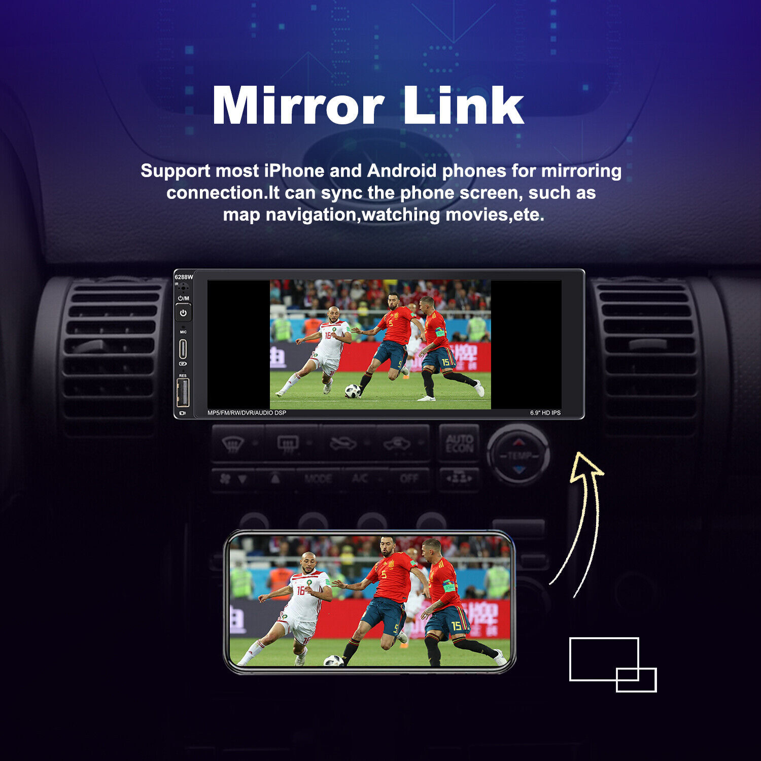 Single Din Car Stereo Wireless Apple CarPlay 6.9 touchscreen Bluetooth Radio USB