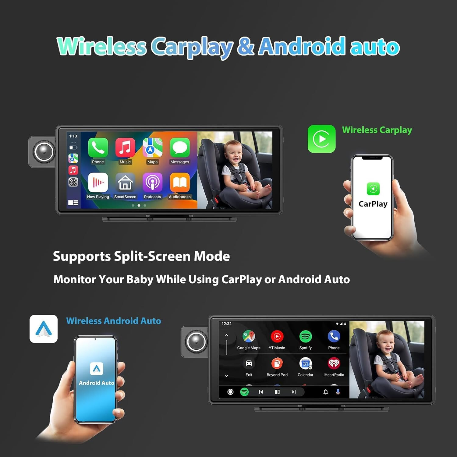 10.26 inch Carplay Video Recorder Portable Car Stereo Baby Monitor Back Seat NEW
