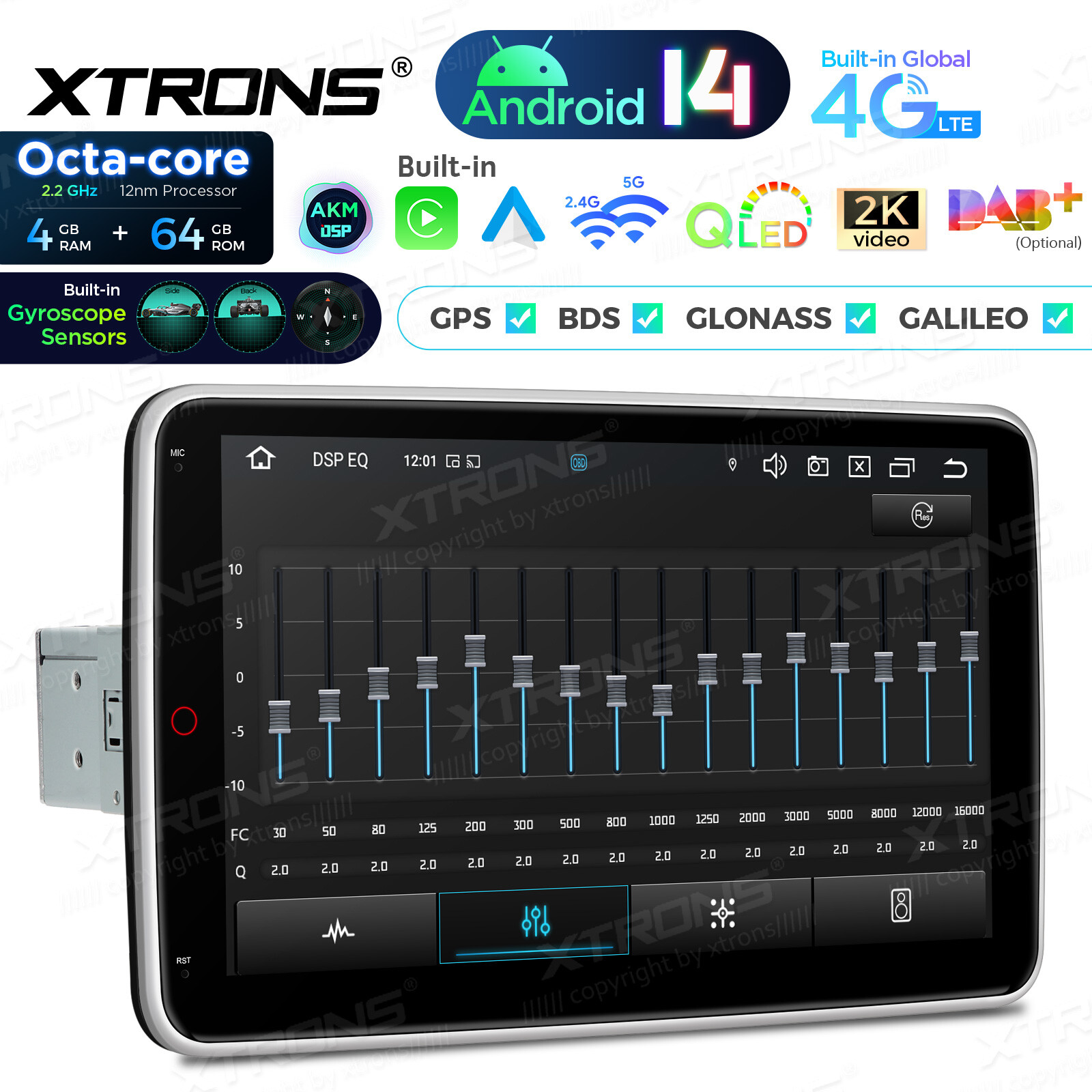10.1″ Rotatable Screen 1-DIN 8Core Android 13 64GB Car Play Stereo GPS Radio DSP