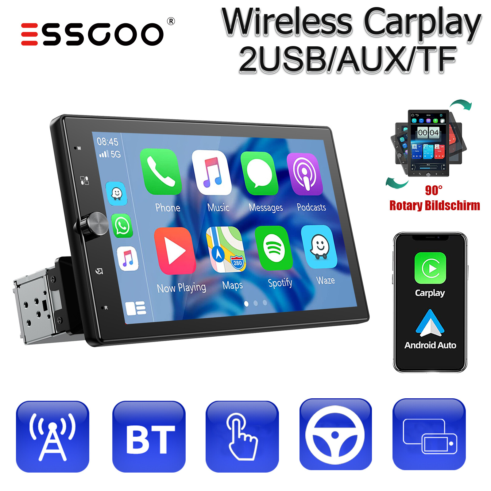 Rotatable Touch Screen 1DIN 10.4″ Wireless Carplay Android Auto Car Stereo Radio