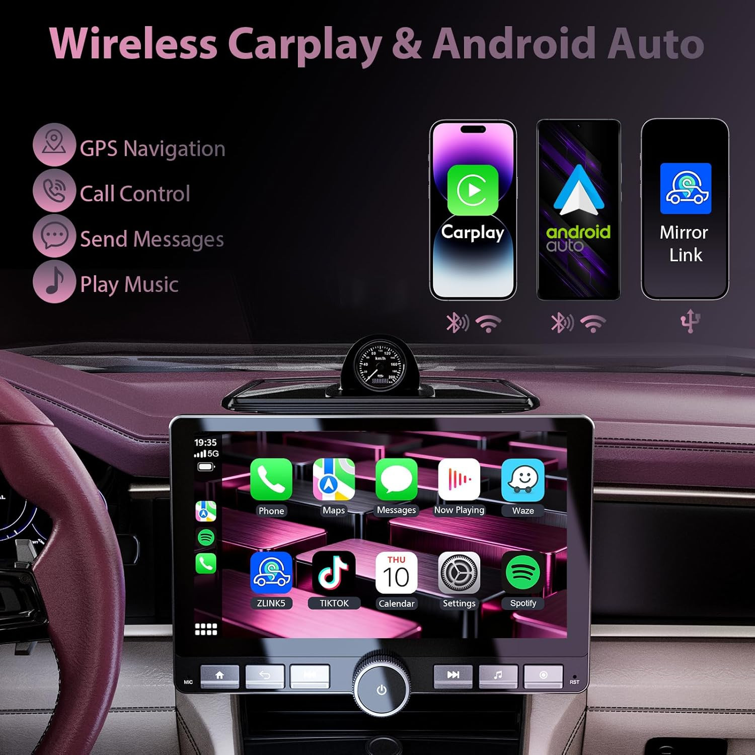 10.1″ 360° Rotatable Touchscreen Car Stereo with Wireless Apple Carplay & Androi