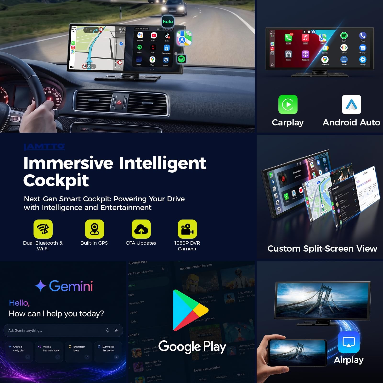 11″ Wireless CarPlay Android Auto GPS Car Stereo Screen 1080P DVR