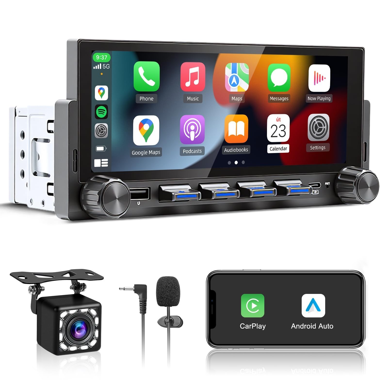 6.86″ Wireless Single Din Touchscreen Car Stereo, Apple CarPlay, Android Auto, B