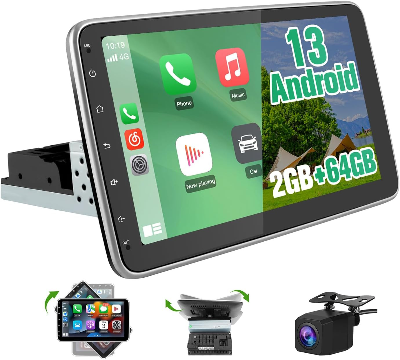 Android 13 4-Core 2GB+64GB Single Din Car Stereo, 10.1 Inch Floating Touchscreen