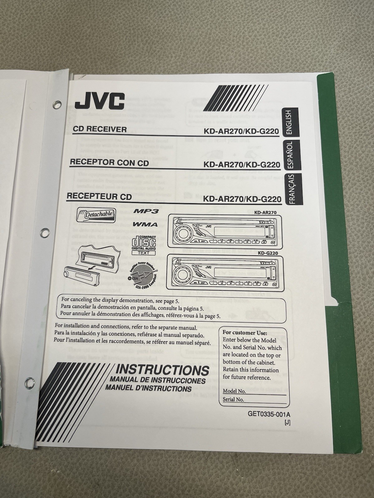 JVC KD-G220 CD Player In Dash Receiver. CD & Radio. With Manual.