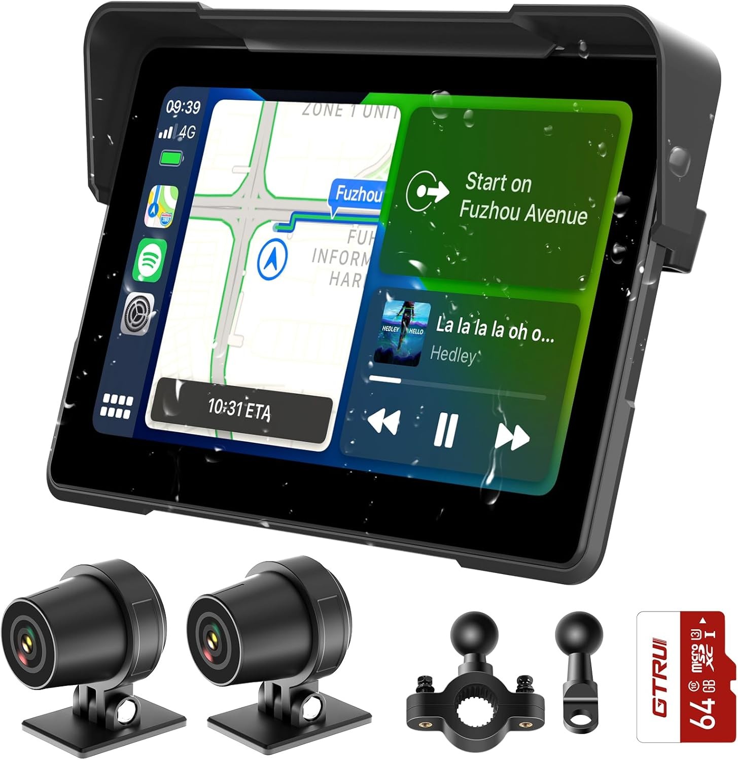 7″ Screen Waterproof Motorcycle Wireless CarPlay Android Auto Dash Camera GPS