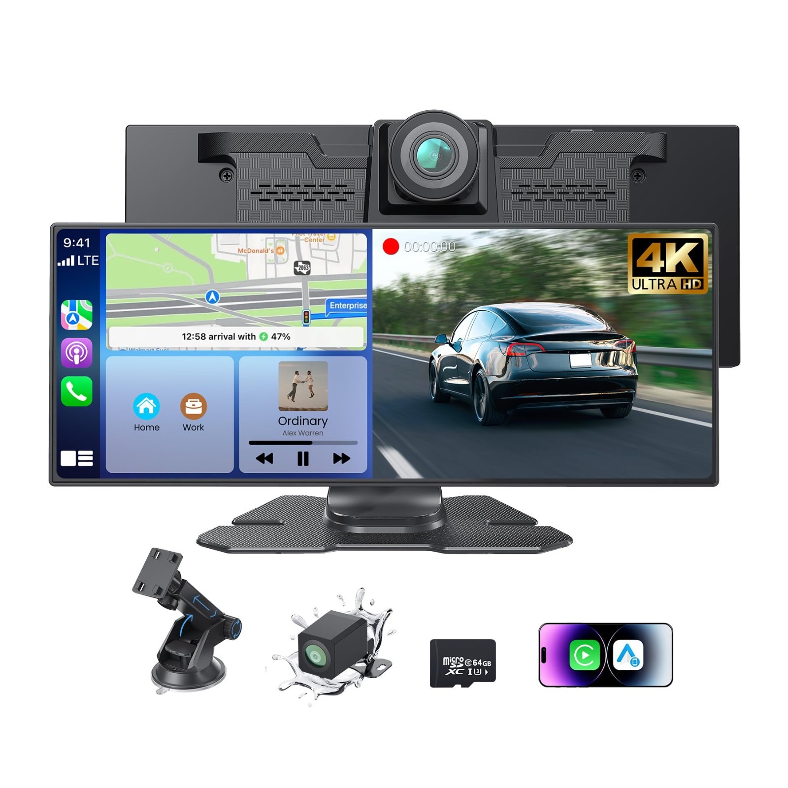 11.26 Inch Portable CarPlay Screen, 4K Dash Cam, 1080P Backup Camera, Bluetooth