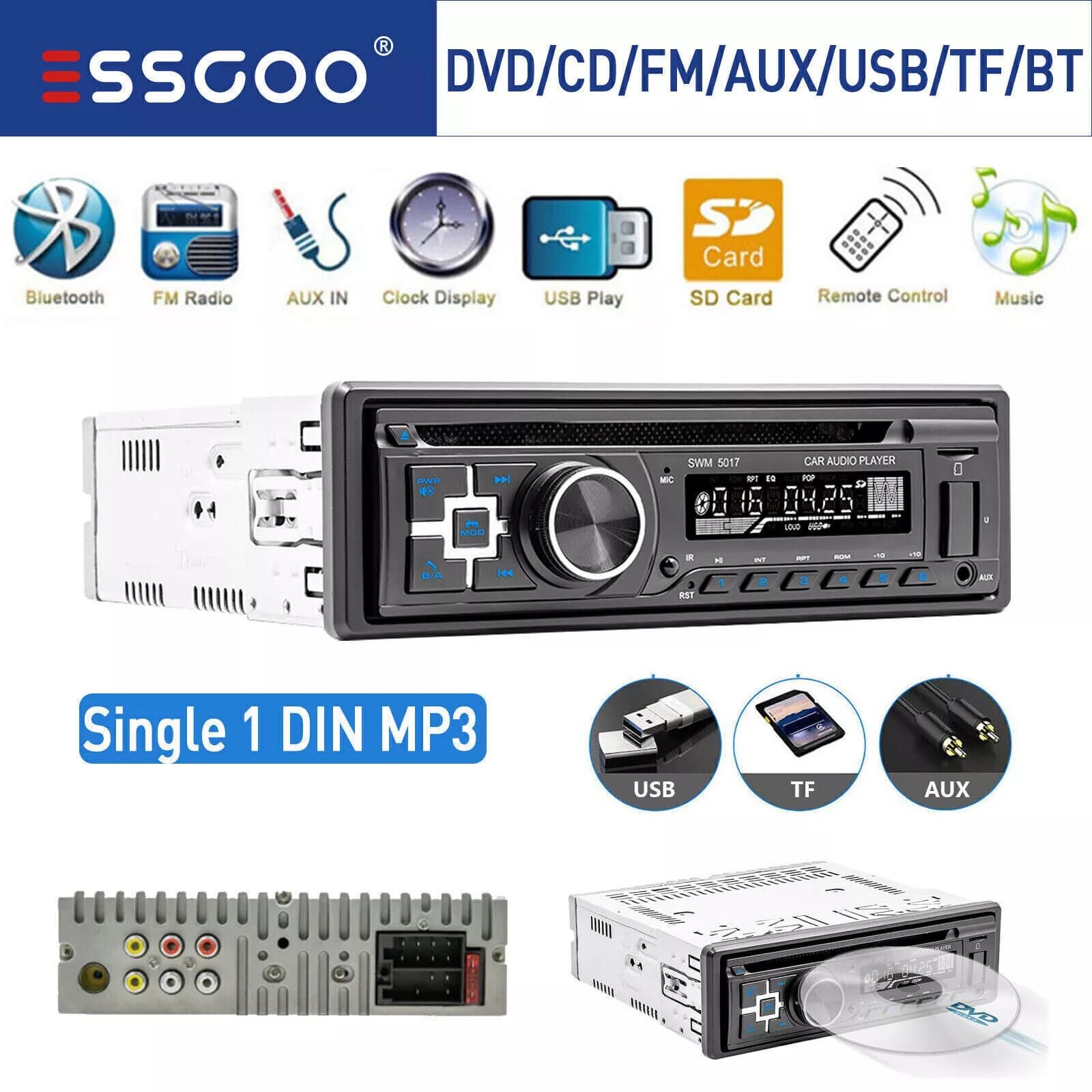 Car Stereo CD DVD Player MP3 USB Bluetooth FM AUX Hands-free Radio Single 1 DIN