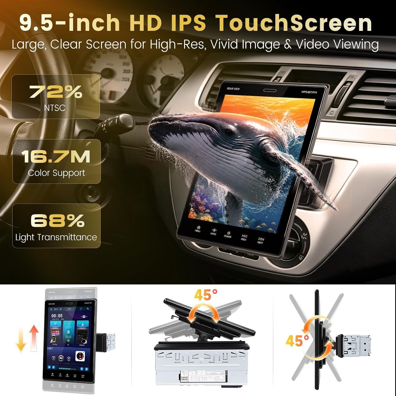 9.5″ Single DIN Car Stereo Wireless CarPlay Android Auto Bluetooth Camera