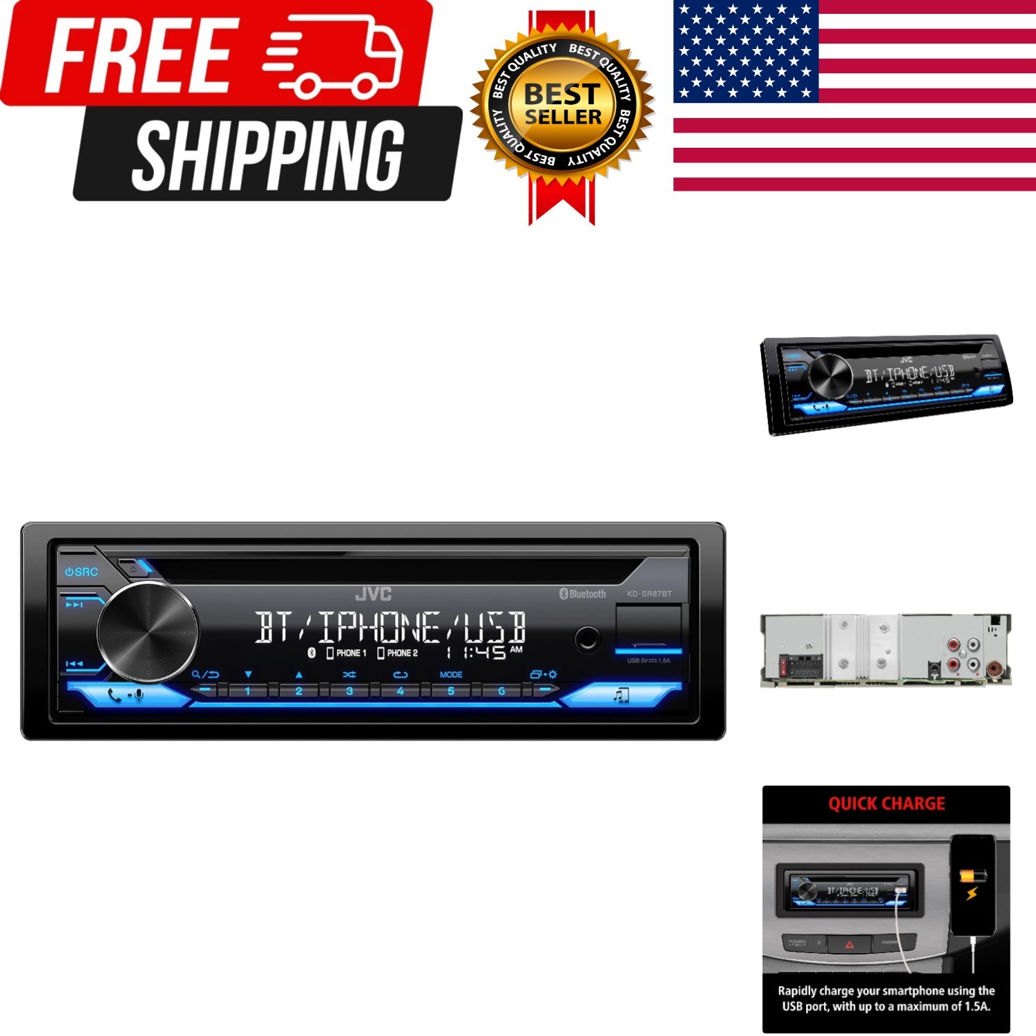 KD-SR87BT Bluetooth CD Car Stereo with USB Port – AM/FM Radio, MP3 Player, Hi…